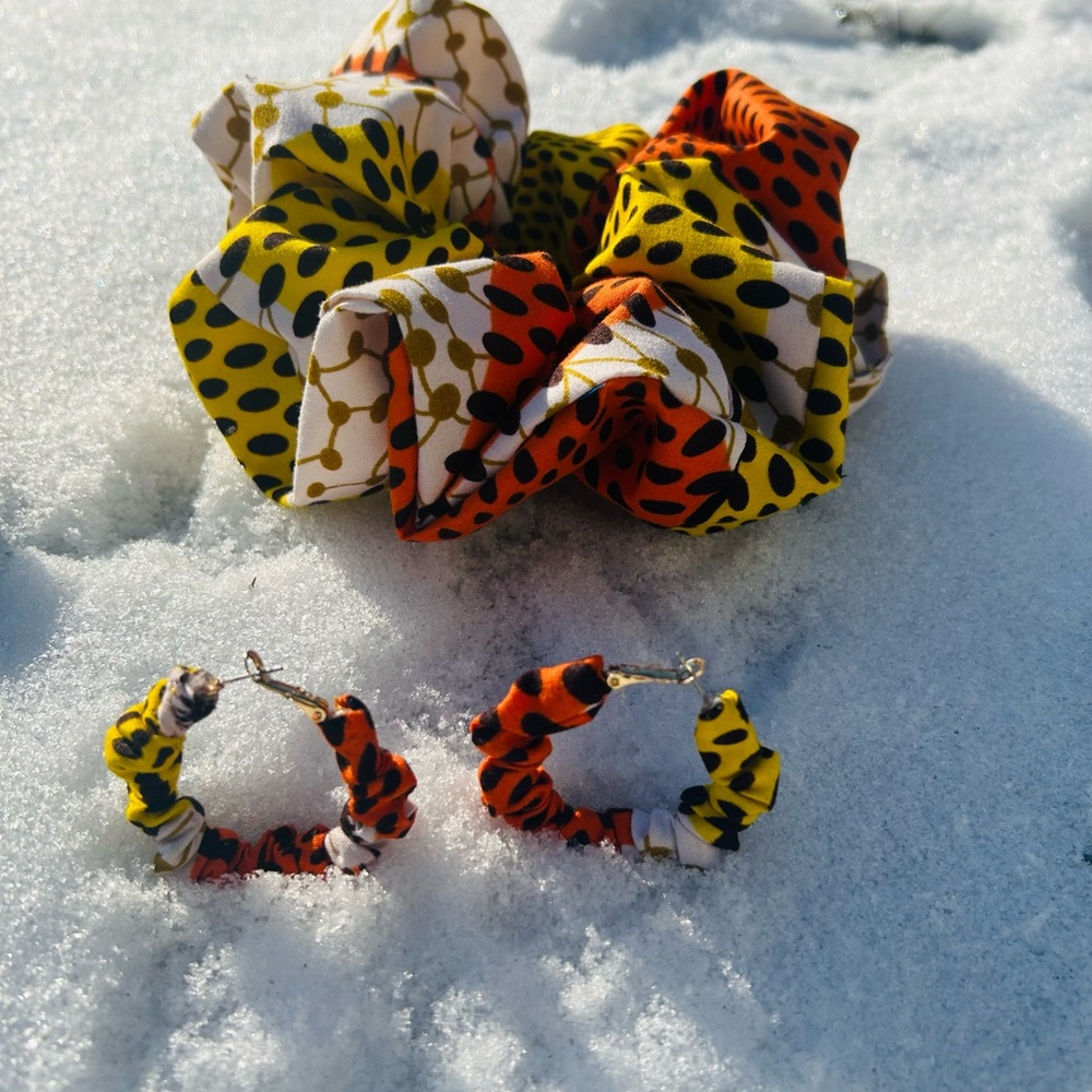 Handmade African Ankara print Hair Scrunchie and Earrings Set